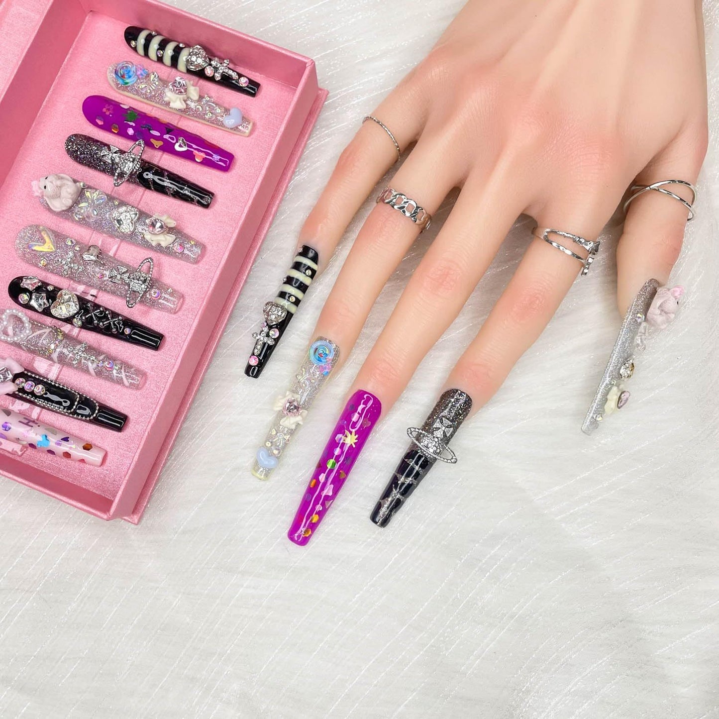 GGDDSHA Nails Press On Nails Medium Fake Nails FalseNails With 3D Flower Designs Nail Press Ons French TipHandmade Acrylic Artificial Nails Summer Natural Stick OnNails For Women,Bumble Luxe