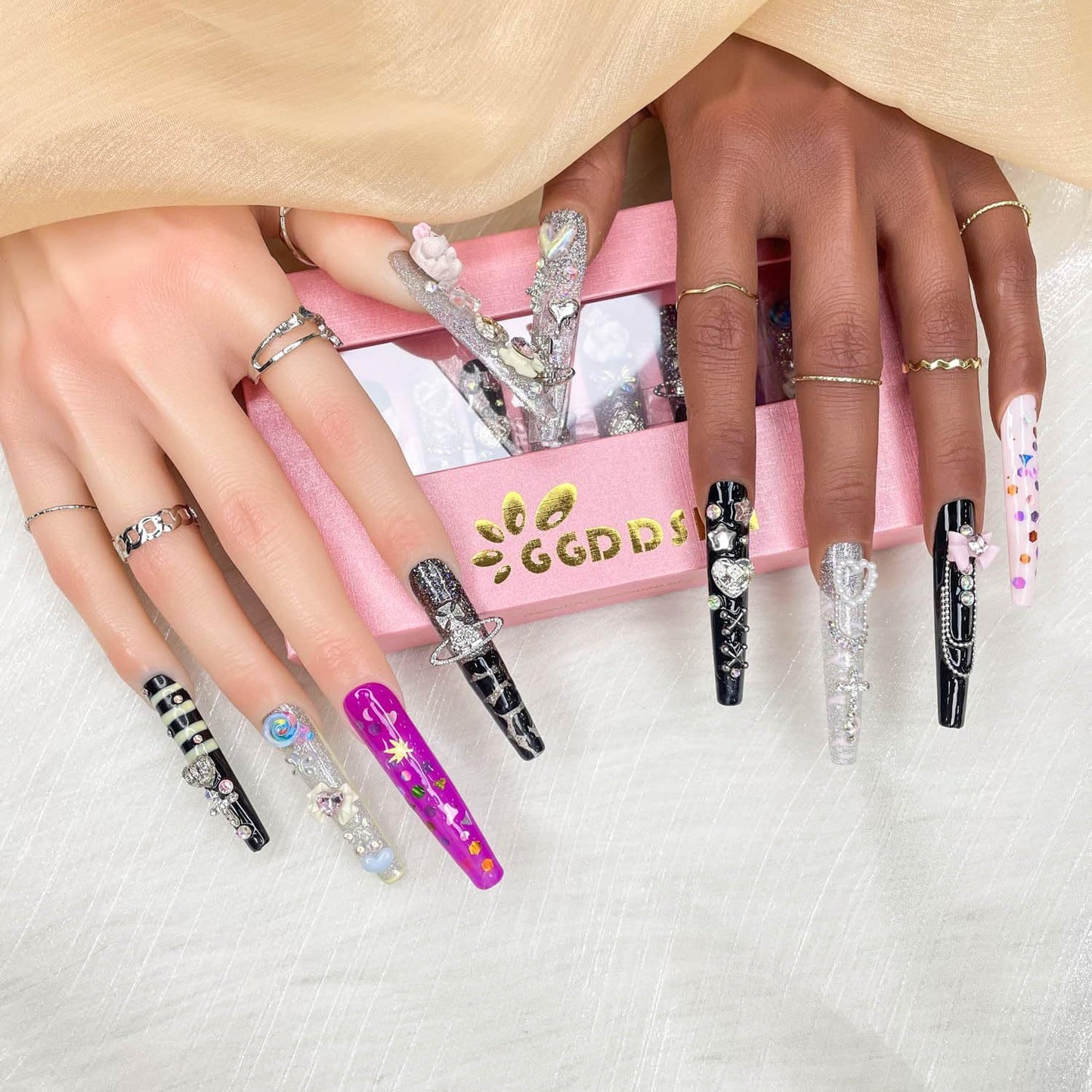 GGDDSHA Nails Press On Nails Medium Fake Nails FalseNails With 3D Flower Designs Nail Press Ons French TipHandmade Acrylic Artificial Nails Summer Natural Stick OnNails For Women,Bumble Luxe