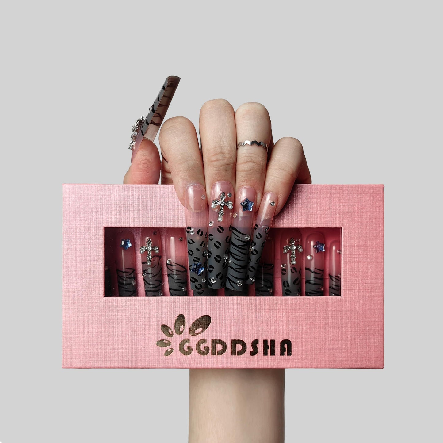 GGddsha Nails 2025 Long Novel Design And Reusable Handmade Nails Pmma Acrylic Nails Press On Nails Kit WithBox Gifts For Women,Stellar Stripe