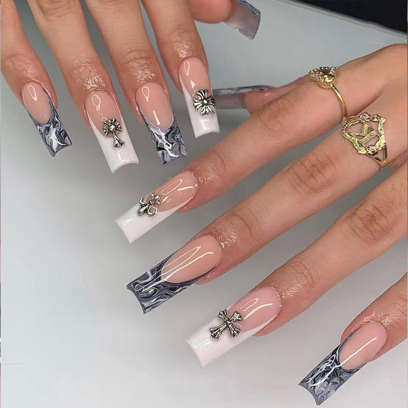 Wear Black And White Blooming Cross Long Ballet Nail Tip