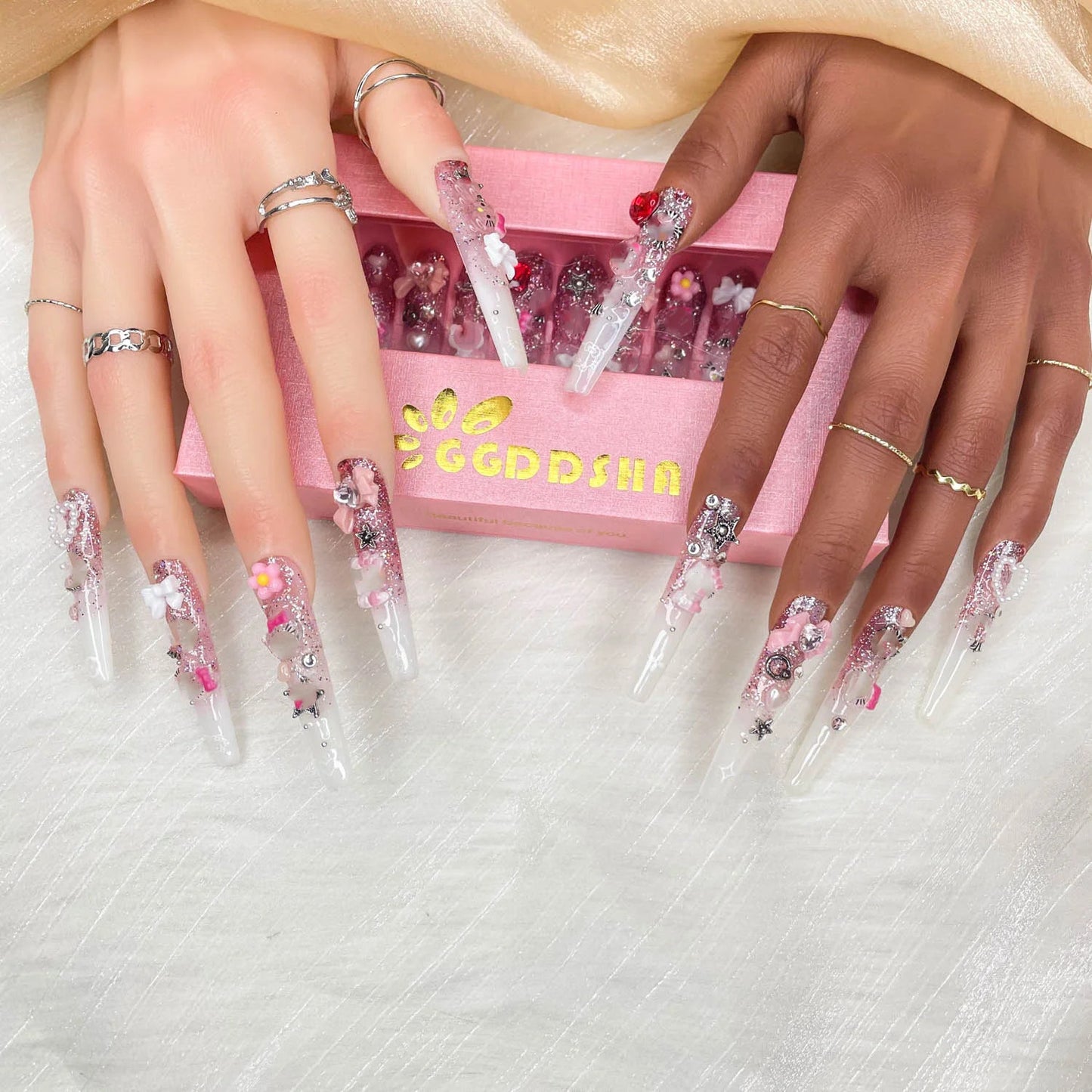Gddsha 2025 10PCS Long Novel Design And Reusable Handmade Nails 10PCS Pmma Acrylic Nails Press OnNails Kit With Box Gifts For Women,Pink Mirage